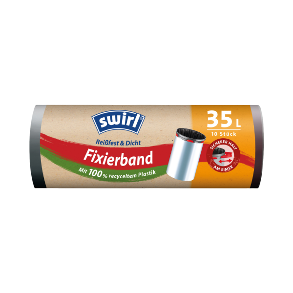 Swirl Fixierband-Müllbeutel Reißfest & Dicht 35 Liter, mit Elastikband, grau/blickdicht, 65 x 63 cm, aus 80 Prozent recyceltem Plastik 10 Stück